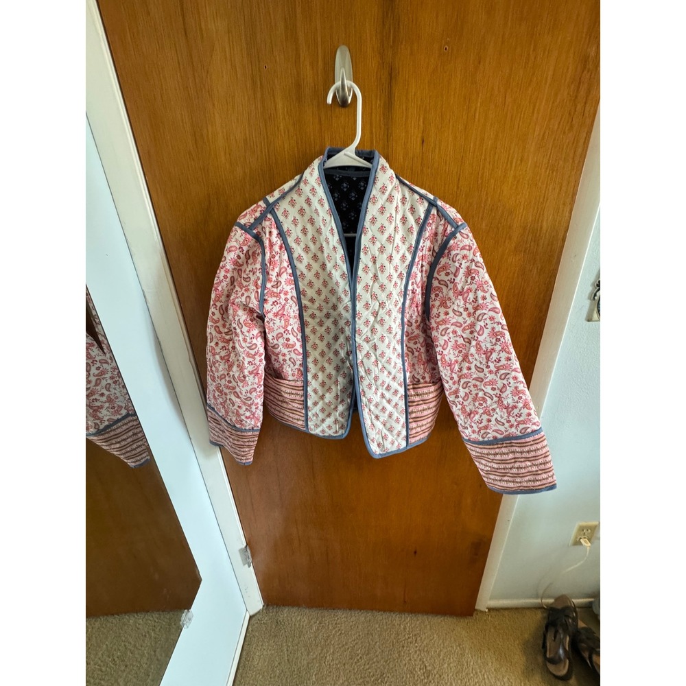 Reversible Quilted Jacket Navy Blue Red Floral Paisley Boho Open Front Cropped - Picture 3 of 4